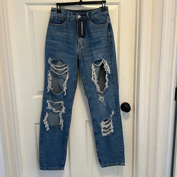 SHEIN SXY Ripped Cut Out Straight Leg Jeans Size W29 L32 - Picture 1 of 4